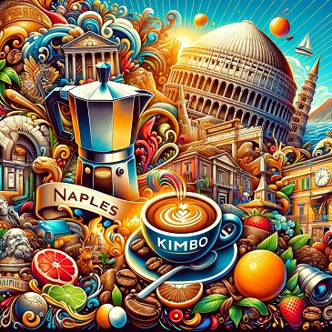 Voyage du café Kimbo, de Naples à sa reconnaissance internationale, en illustrant la fusion de la culture traditionnelle du café italien avec l'appréciation mondiale de Kimbo